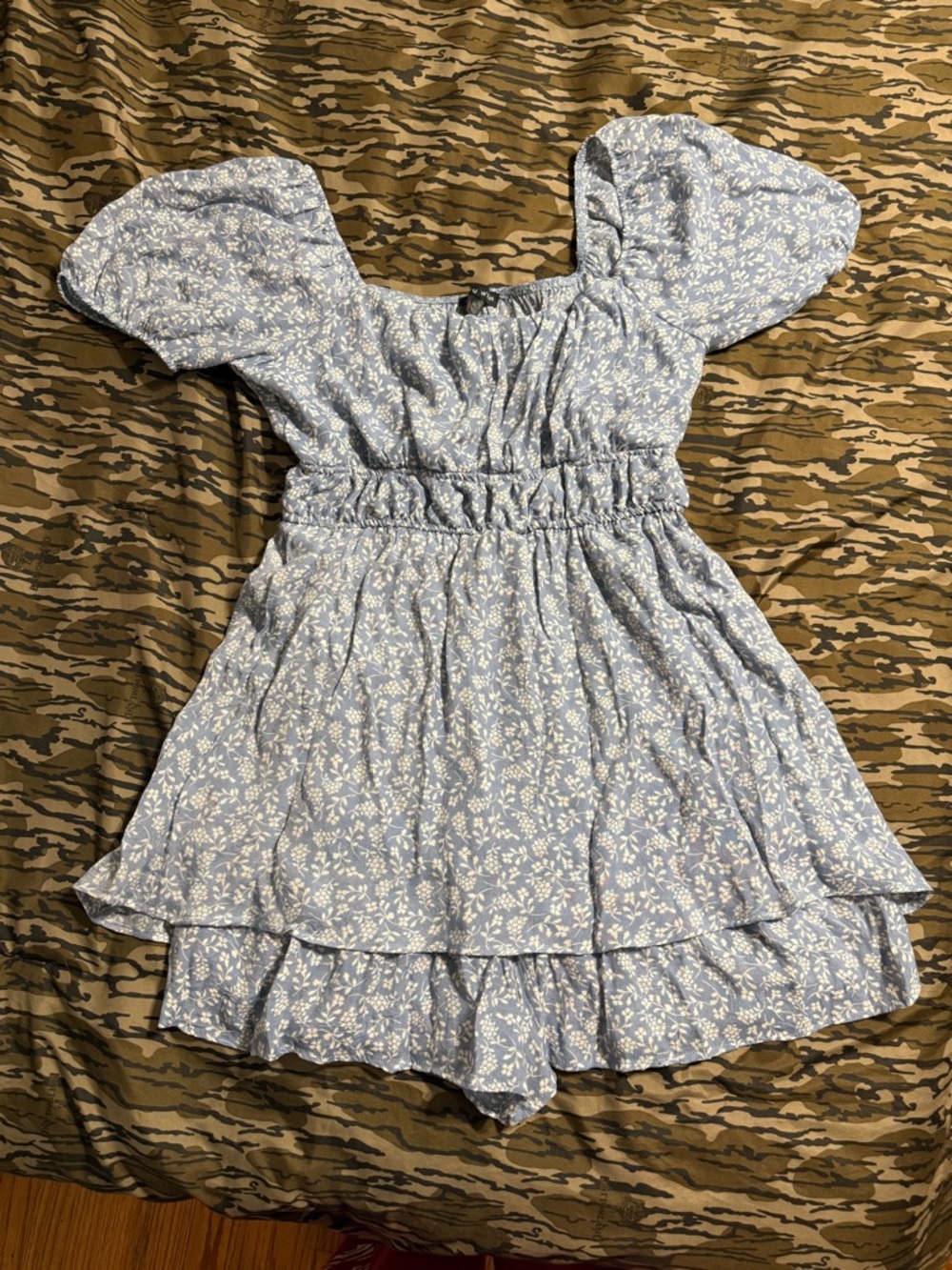 Light Blue Floral Puff Sleeve Dress